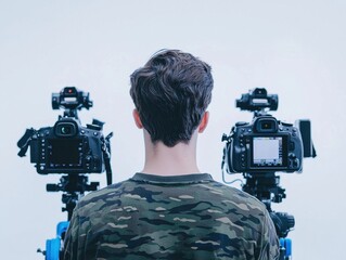 Photographer Setting Up Cameras in Studio for Professional Shoot