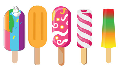 Vector illustration of ice cream with stick on white background, various kinds of ice cream with various flavors.