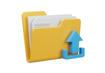 A yellow folder with papers and a blue upload arrow symbol icon