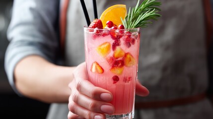Woman is holding a pink drink with a straw in it. The drink is garnished with fruit and has a garnish of raspberries