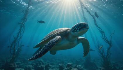 Fototapeta premium Sea Turtle Swimming In A Sunny Underwater Coral Reef
