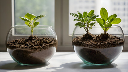 Three plants in glass bowls show soil impact on growth
