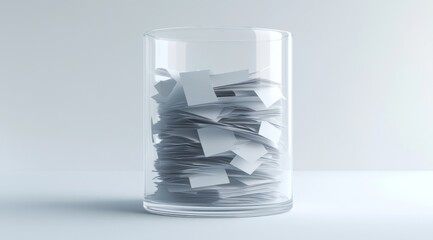 Empty glass cylinder filled with crumpled papers