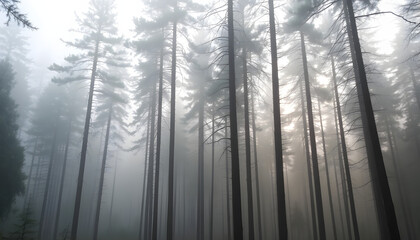 Fototapeta premium Misty Morning in a Pine Forest with Sunlight Rays