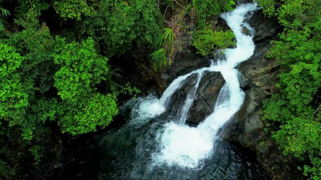 Estrella Waterfall cascades over dark rocks inside dense tropical forest in Narra Palawan with white water surrounded by bright green foliage