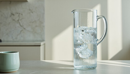 Everyday objects - for downstream advertisement and design: A tall, clear glass pitcher filled with ice water sits on a light countertop in a modern kitchen, accompanied by a small, muted green cera
