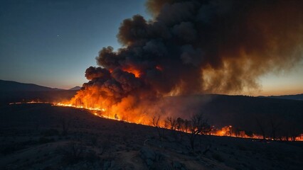 Forest Fire Spreading Dramatically Against Night Sky Background  
