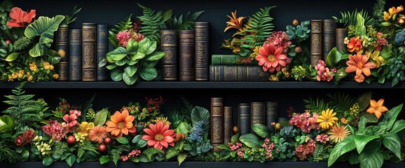 Fototapeta premium Bookshelves covered with foliage and vibrant flowers creating an interesting, decorative, and organic pattern