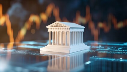 A miniature classical style bank building sits atop a digital interface with financial charts