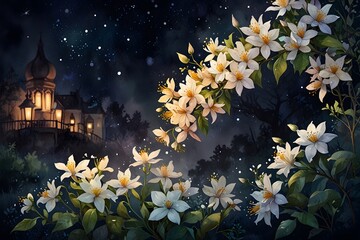 A night scene with jasmine flowers illuminated by fairy lights in watercolor style