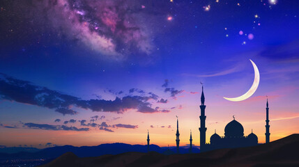 Obraz premium Silhouette dome mosques at night with stars, crescent moon and dark blue sky