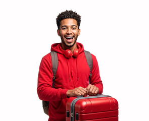 Happy excited young Black male student in his mid-20s in red hoodie, headphones around neck, holding travel suitcase, ready to fly for his holiday, isolated on solid light background.