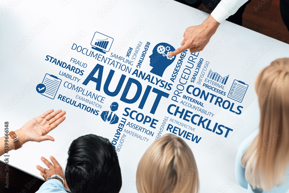 Aufkleber engaging visual representation of the audit process highlighting key concepts such as compliance, co
