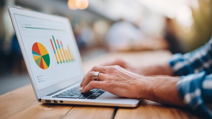 Man is typing on a laptop with a ring on his finger. The laptop screen displays a pie chart with various colors. The man is focused on his work, possibly analyzing data or creating a presentation