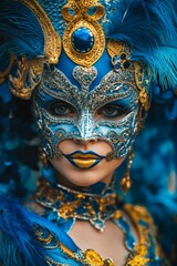 A woman wearing a blue and gold mask with feathers