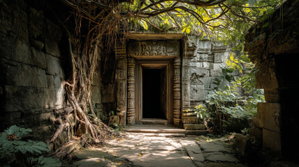 Ancient Stone Doorway Surrounded by Lush Green Vegetation and Moss
