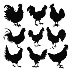 Chicken and Rooster Silhouette Vector Set.