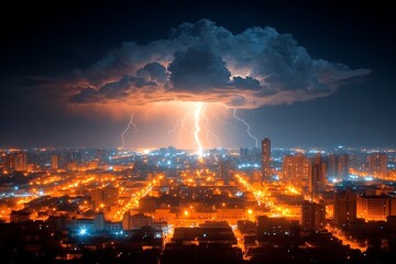 Lightning Storm over City at Night.