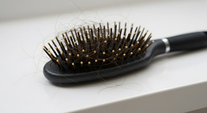 Hair Loss Concern: A Black Hairbrush with Excessive Hair Shedding Indicating Potential Alopecia or Hair Fall Issues