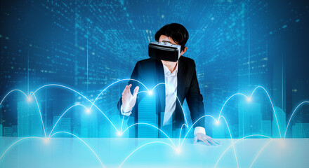 Project manager looking and inspecting simulated city with coding engineering prompt. Professional businessman planning and pointing at building structure hologram from augmented reality. Ingenuity.