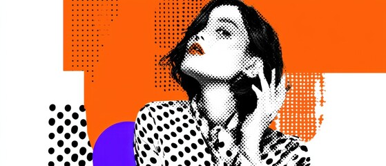 Stylish White Woman in Polka Dot Shirt with Halftone Effect and Bold Geometric Background Concept of Retro Fashion, Pop Art, and Graphic Design