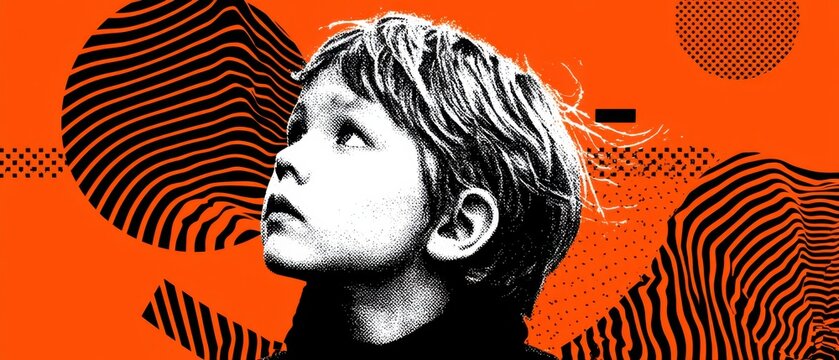 Graphic portrait of a thoughtful young boy looking up with halftone and abstract design elements on a vibrant orange background Concept of childhood wonder and imagination