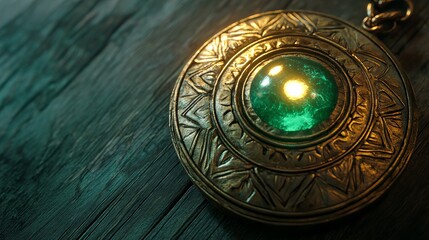 Close up of an ornate gold pendant with a glowing green gem on a dark wooden surface