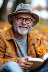 Senior Man Reading a Book Outdoors in Autumn
