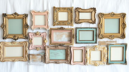 Vintage   An assortment of ornate picture frames in pastel tones with gold accents