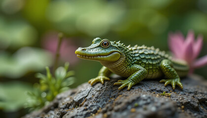 Bright green crocodile resting on a rock amidst lush vegetation and flowers