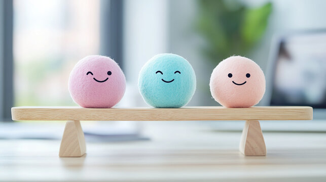 Balanced scale with stress balls and relaxation symbols, symbolizing emotional regulation and mental well-being