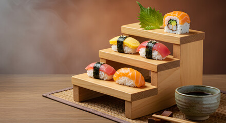 Tiered Wooden Stand Featuring an Assortment of Gourmet Sushi Pieces