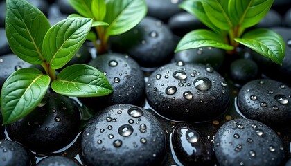 Green Sprouts Among Dew Kissed Black Stones
