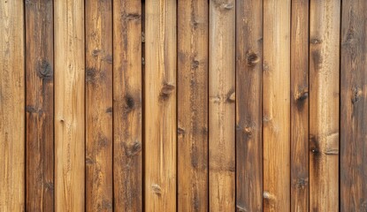 Naklejka premium Rustic wooden wall panels. Close-up view of weathered, vertical planks. Natural wood grain and tones