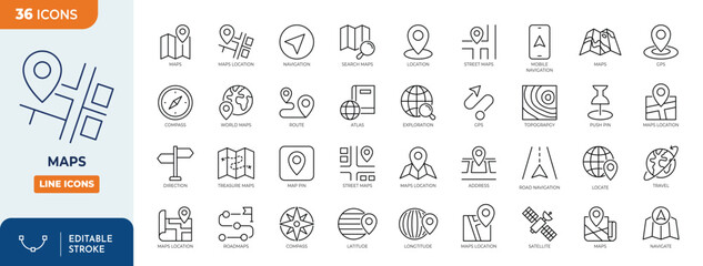 Maps line editable icon set. Containing maps, location, GPS, navigation, city map, atlas, route, direction, pin and more. vector illustration © Cetacons