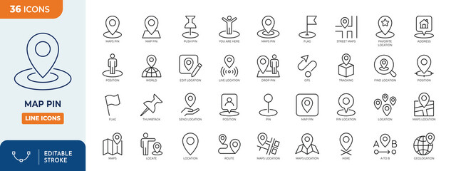 Map pin line editable icon set. Containing map marker, pin, location,  address, position, tracking, geolocation, place and more. vector illustration