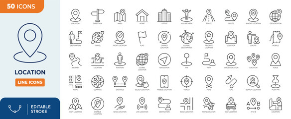 Naklejka premium Location icon set. Containing map, map pin, gps, destination, directions, distance, place, navigation, address, and more. Outline Icon Collection. Vector illustration. Editable stroke 