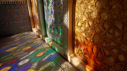 Ancient Temple Interior with Mystical Colorful Light Streams