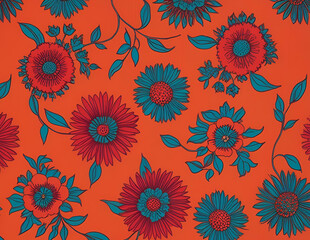 Red Orange and Teal Floral Pattern AI Art