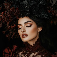Fototapeta premium Enchanted gothic bride in crimson attire with glowing eyes and dark floral crown