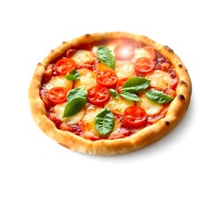 op View of Delicious Italian Pizza with Mozzarella, Cherry Tomatoes, and Basil on Wooden Board