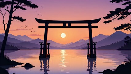Traditional torii gate standing in calm lake aligned with glowing sunset between distant mountains beneath peaceful pastel twilight sky. Landscape and spiritual concept
