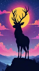 Majestic deer silhouette standing on mountain peak framed by glowing full moon and vibrant twilight sky with stars and clouds. Wildlife and fantasy landscape concept
