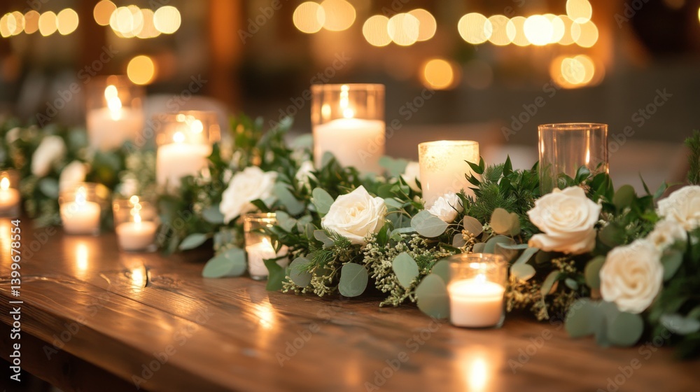 Poster candles illuminate a beautifully arranged table adorned with white roses and greenery, creating a wa