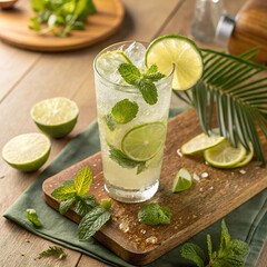 Fototapeta premium Fresh green mojito cocktail with lime and mint in a glass with ice is a cool summer refreshment
