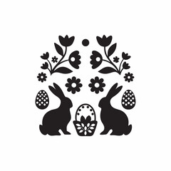 Elegant black and white Easter bunny illustration featuring folk art style rabbits flowers eggs and a basket perfect for spring cards