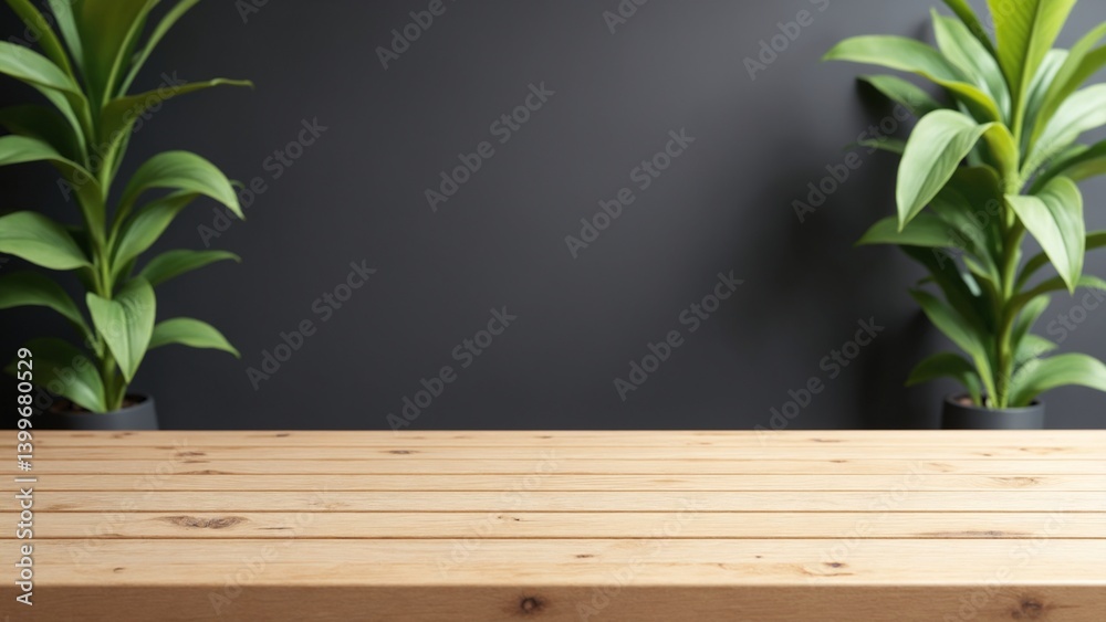 Poster empty wooden table with dark wall and greenery backdrop