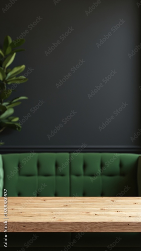 Poster empty wooden table with dark wall and greenery backdrop