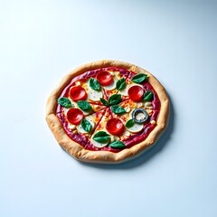 op View of Delicious Italian Pizza with Mozzarella, Cherry Tomatoes, and Basil on Wooden Board