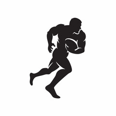Powerful rugby player silhouette running with the ball dynamic action pose strong muscles black and white graphic design vector